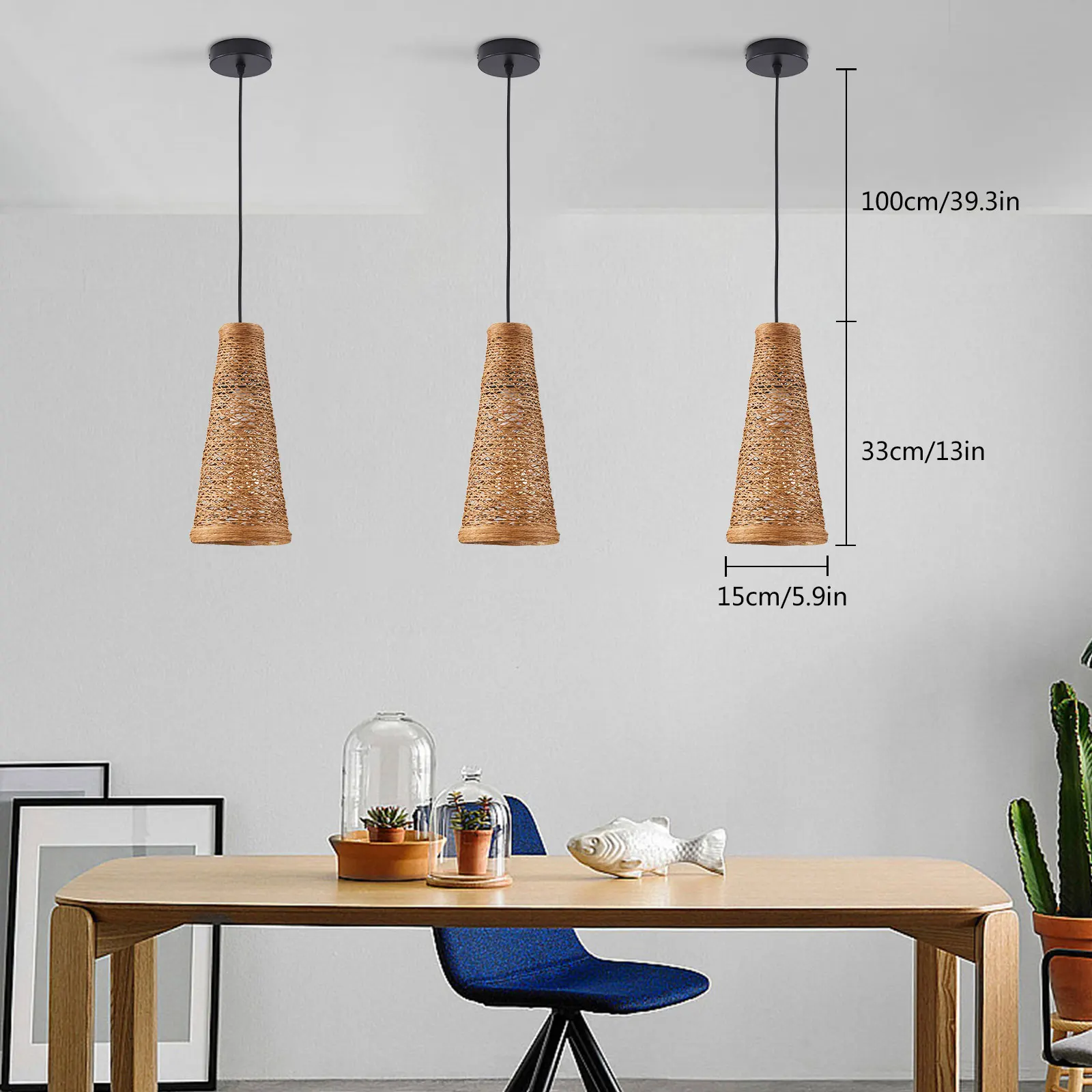 Bambu Art Pendant Light, luminária de vime, lâmpada do teto suspensa, luz de vime para sala de estar, decoração de casa, 3pcs