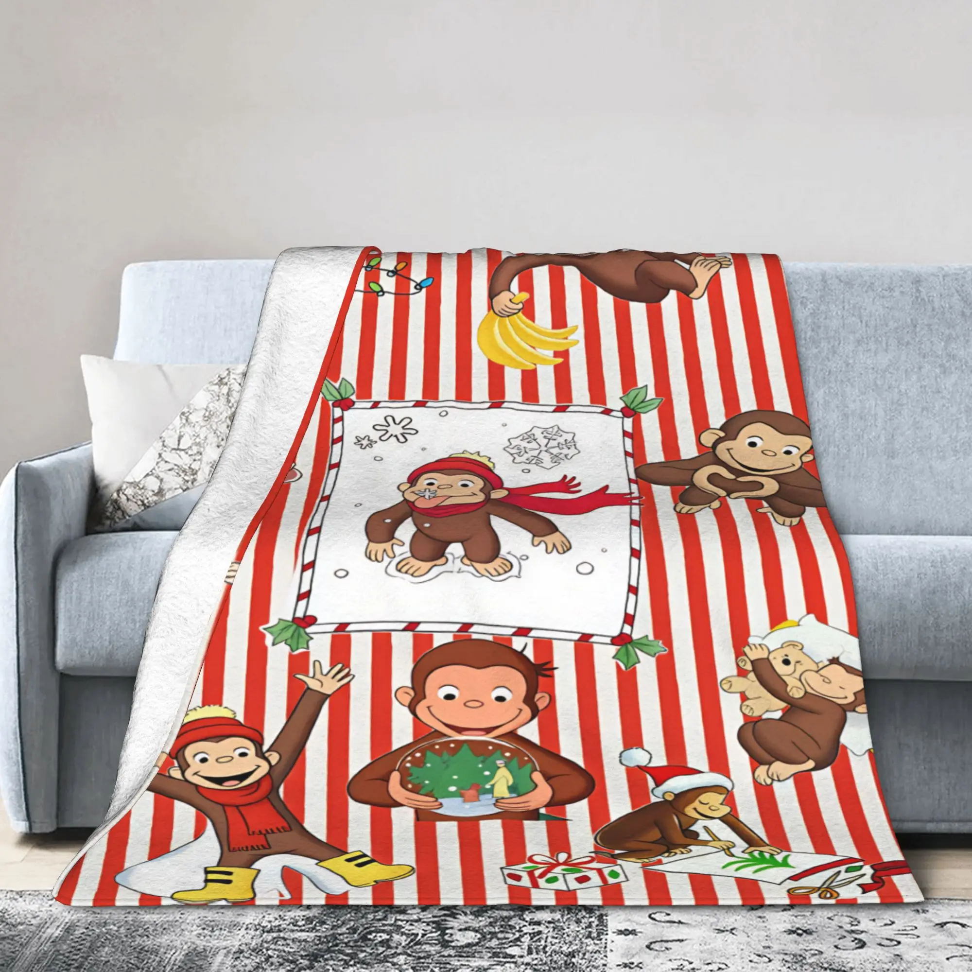 Warm Blankets Airplane Travel Curious George Christmas Winter Throw Blanket Flannel Bedspread For Living Room Sofa Bed Cover