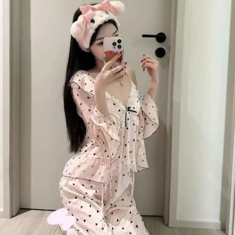 

Ice Silk Pajamas Women's Set Sexy Sling Shorts with Chest Pads Homewear Set Spring and Autumn 3 Piece Set Sleepwear