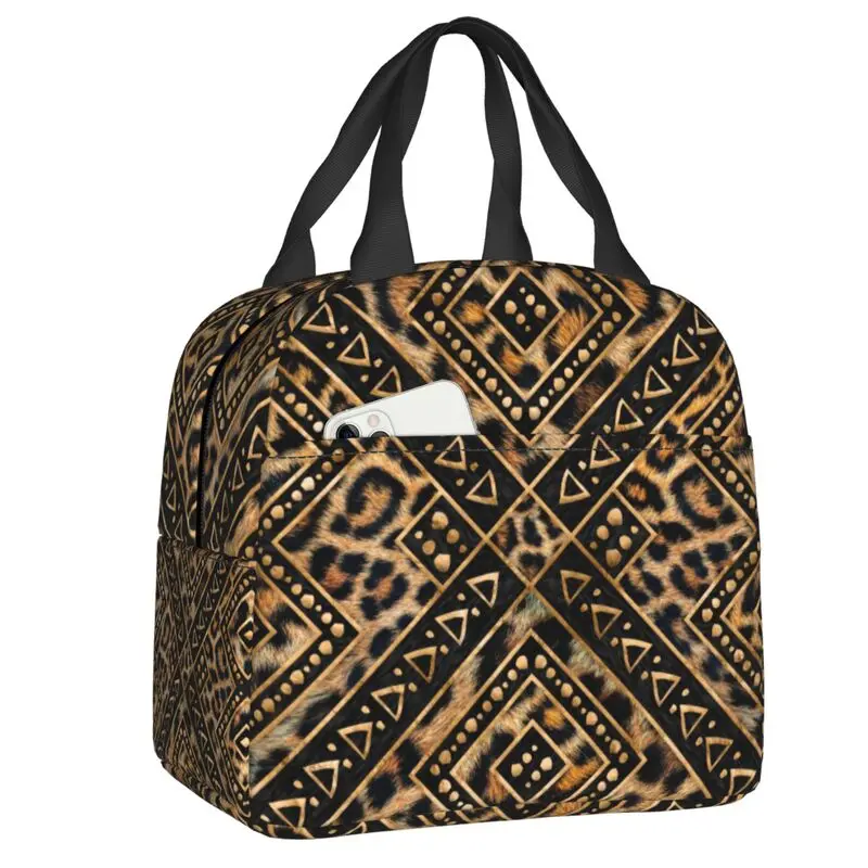 Leopard Fur Ethnic Tribal Geometric Ornaments Thermal Insulated Lunch Bag Animal Leather Texture Portable Lunch for Food Box