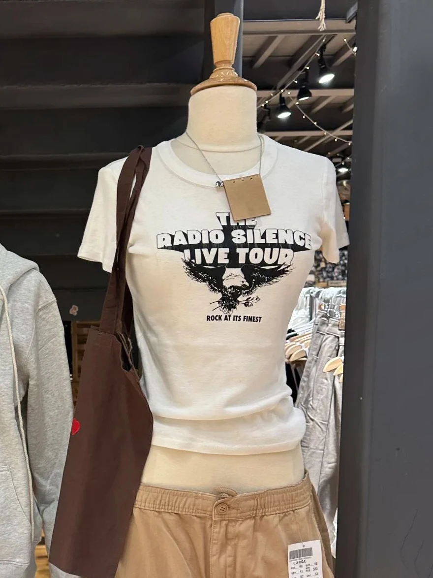 

Eagle Letter Print Slim Woman's T-shirt Summer Round Neck Short Sleeve Tshirt Female Casual Vintage Streetwear Cotton Tee Tops