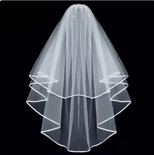 Two Layers Wedding Veils With Comb Short Tulle Bridal Veil Bow Beads Ribbon Edge Wedding Accessories