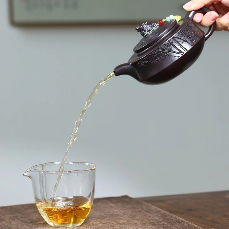 340ml Aesthetic Yixing Purple Clay Teapots Famous Master Handmade Bamboo Pot Raw Ore Bronze Mud Kettle Chinese Zisha Tea Set