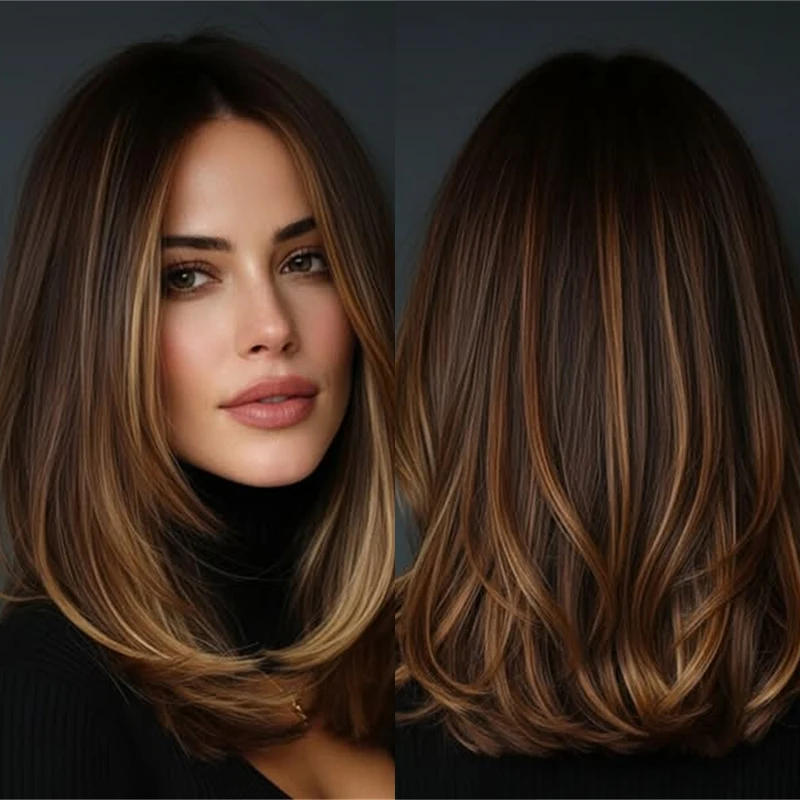 Blonde Golden Brown Ombre Straight Synthetic Wig for Women 13x4 Short Bob Layered Wig Heat Resistant Daily Use Party Hair