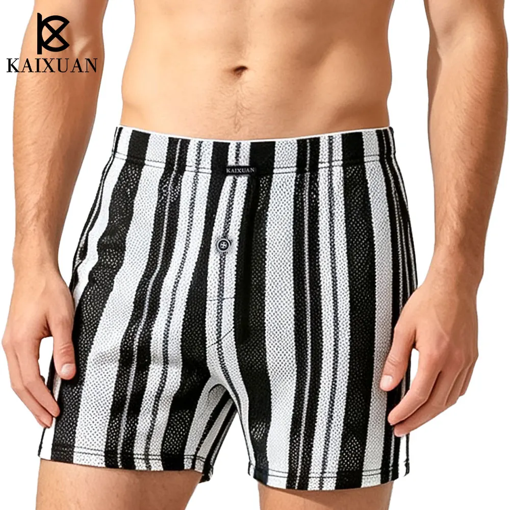 WJ Men's Striped Aloha Breathable Mesh Home Wear Pants 100% Polyester Comfortable Loose-Fitting Four-Corner Pajama Pants