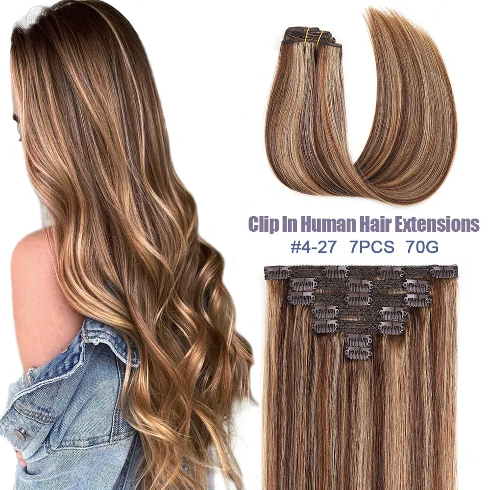 

Clip in Hair Extensions Human Hair Seamless Double Weft Clip Ins 100% Human Hair Straight Clip In Hair Extensions For Women 7pcs