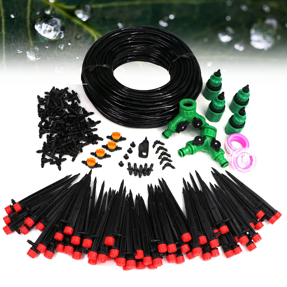 

25-50M 13CM Garden Watering Kit System 8-Hole Adjustable Sprinkler on Bracket 1/4'' Main Line Tee Tap Adapters End Plug Full Set