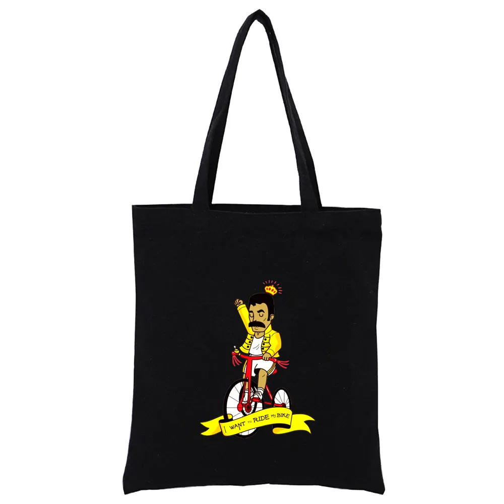 Freddie Mercury The Queen Band Graphic Rock Foldable Reusable Shopper Harajuku Style Bag Black Student Tote Bag Storage Bags