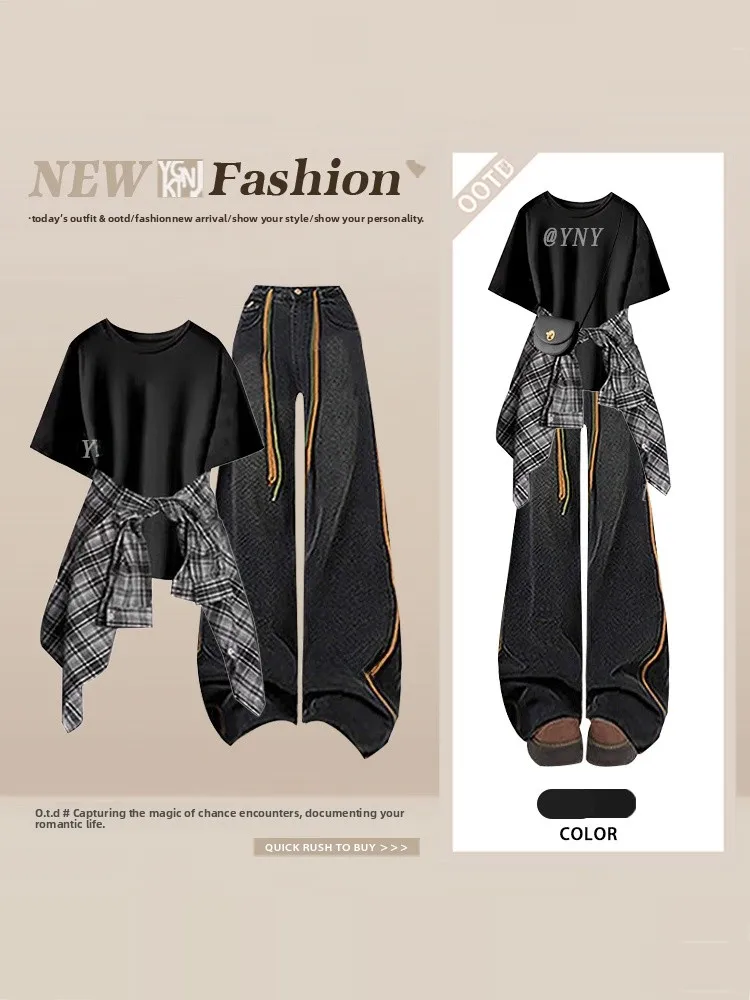 

Spring 2026 Women's Loose Plaid irt Bla T-irt Wide Leg Jeans Set Faionable Casual Wear Leather Fabric ort Sve