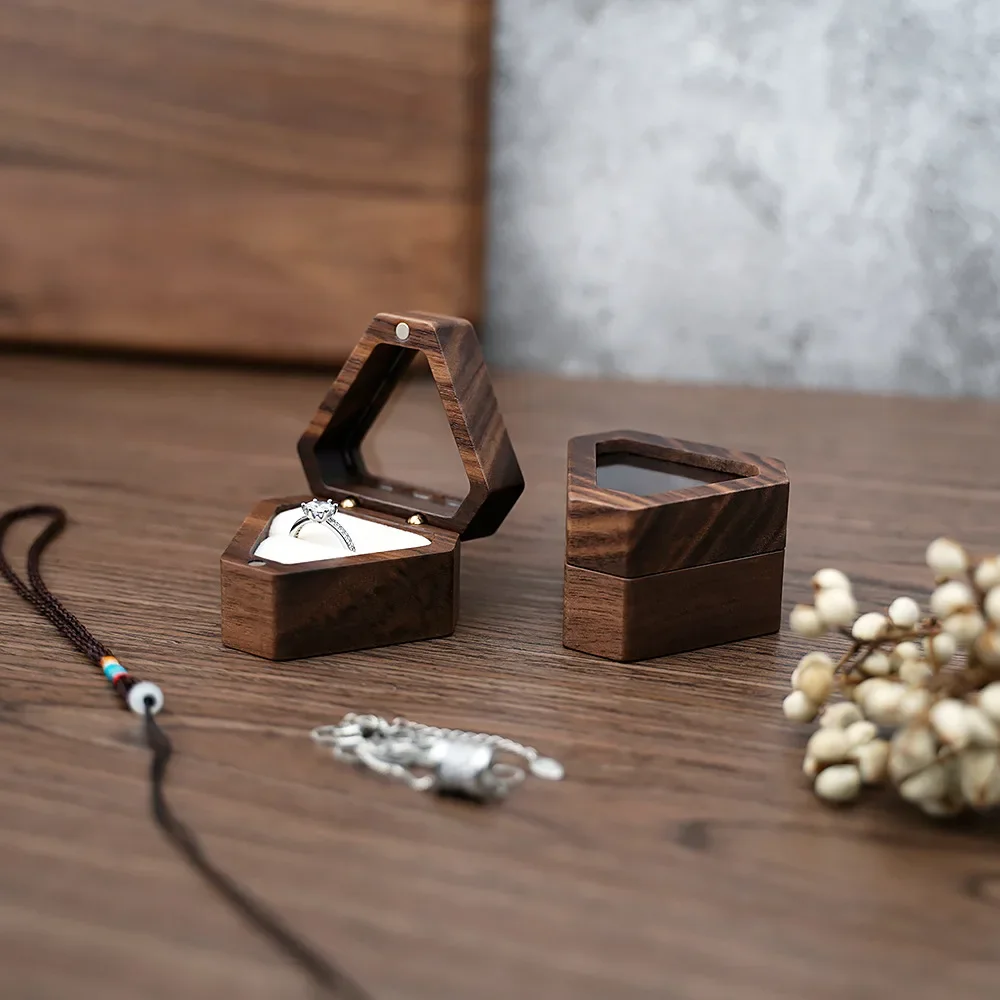 Wooden Ring Box Engagement Wedding Ceremony Heat Proposal Ring Box Jewelry Display Gift for Girl Walnut Wood Bracelet package