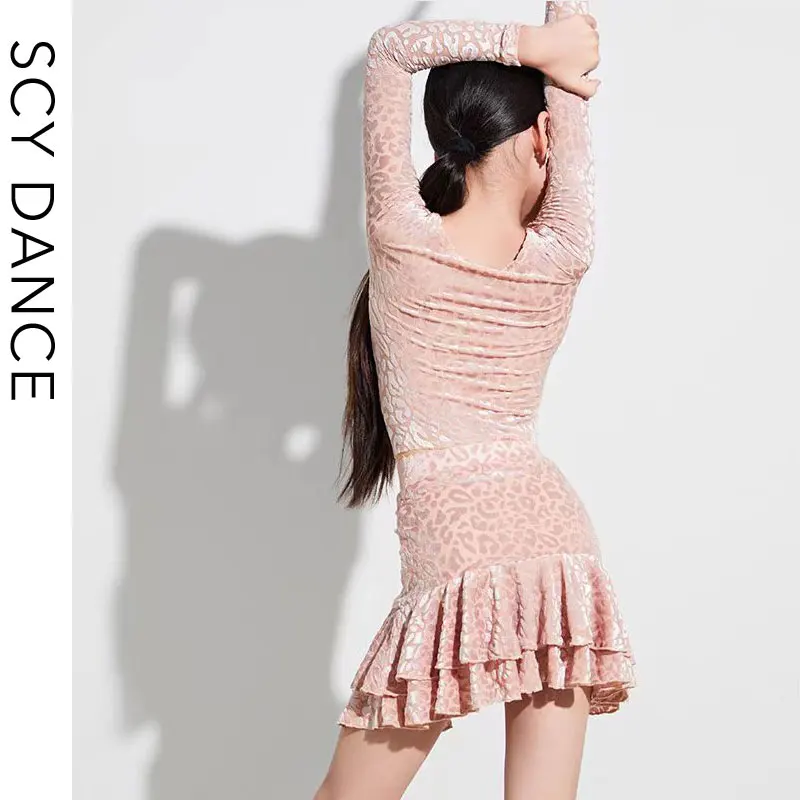 Roupas infantis de dança latina SCY Premium – Novo design de veludo estampado para treinamento profissional e conjunto de desempenho