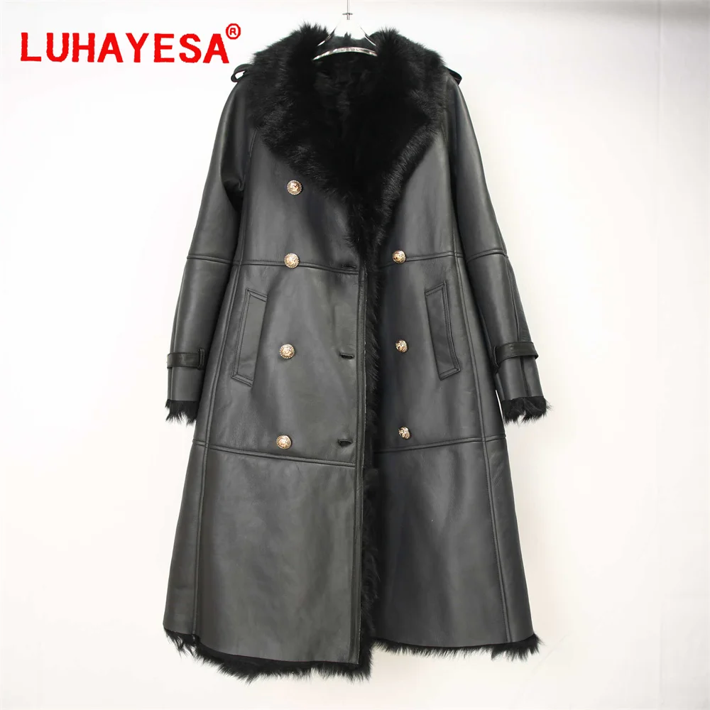 2024 Spain Tuscany Lamb Shearling Fur Coat Women Black Slim Extra Long Double Breasted Real Fur Clothing