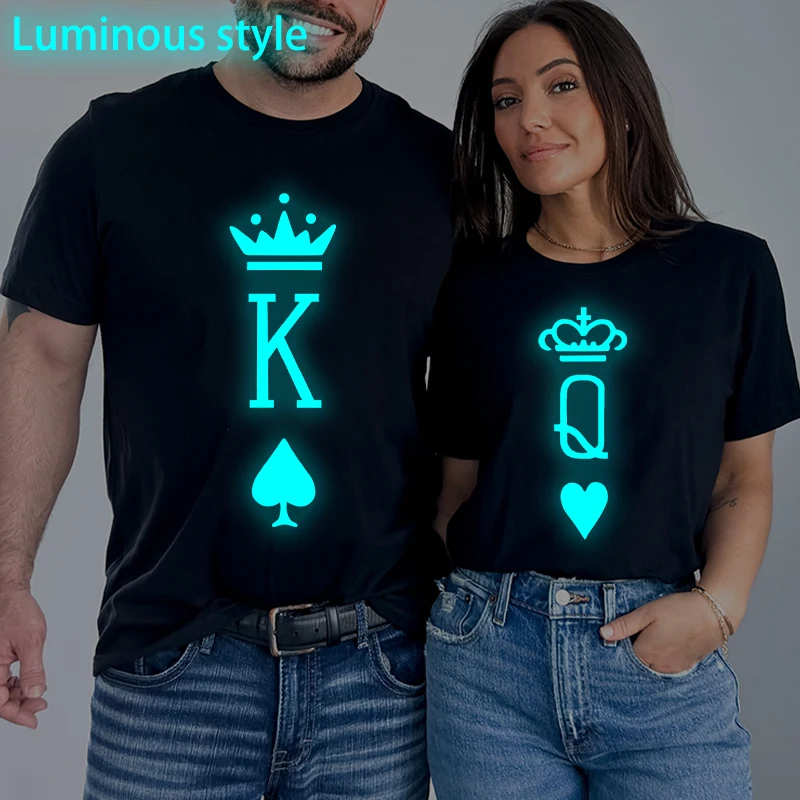 

2026 New "King Queen" Print T Shirt Vintage Crown Luminous Style Classic Couple Y2K Tops Women Men Fun Anniversary T-shirts Gift