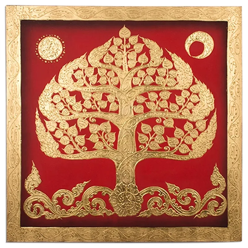 South East Asia hand-painted linden tree mural, Thai handmade gold foil painting club hotel entrance decoration oil painting