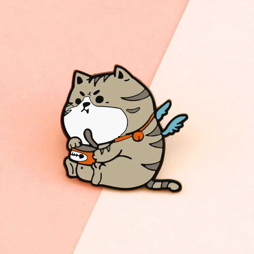 Cute Animal Angel Cat Brooch Eat Canned Fish Small Wing Enamel Pin Cartoon Creative Lapel Pins Jewelry Backpack Denim Badge Gift