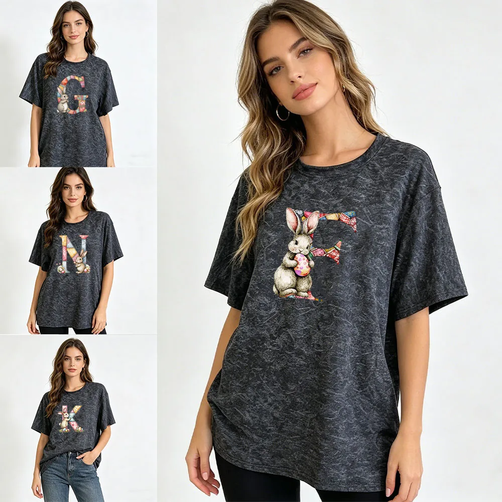 Women Summer New Round Neck Short Sleeve Tshirts Casual Soft Loose Couple Streetwear Daily Wear Tees Tops Initials pattern