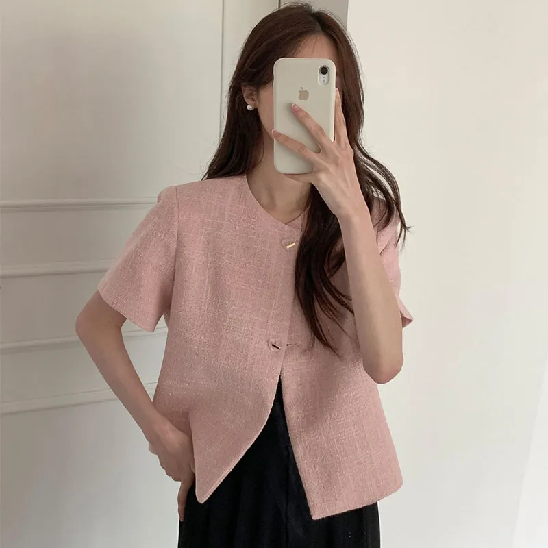 

Chic Summer New Simple round Ne Single Row Two Buttons Loose Versatile Thiened Tweed ort Sve Jaet Women's Faion