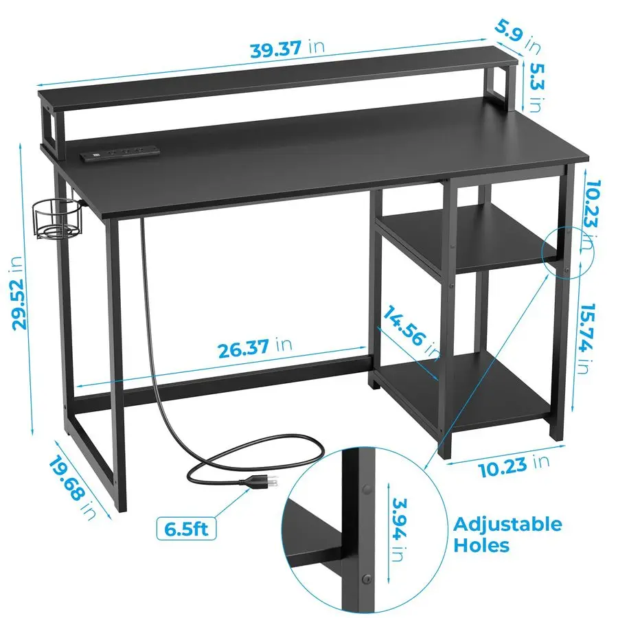 مكتب كمبيوتر 40 بوصة مع منافذ طاقة، مكتب منزلي صغير مع حامل شاشة مريح، مكتب ألعاب قابل للعكس، St حديث #3