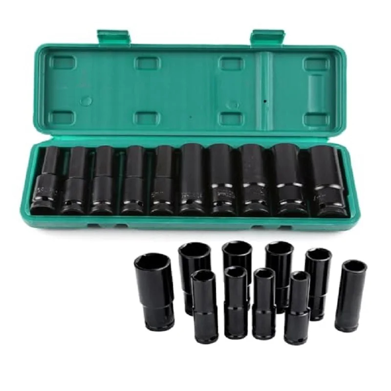 10 pc Professional Socket Tool Set 10-24mm Drive Deep Socket Set with Case