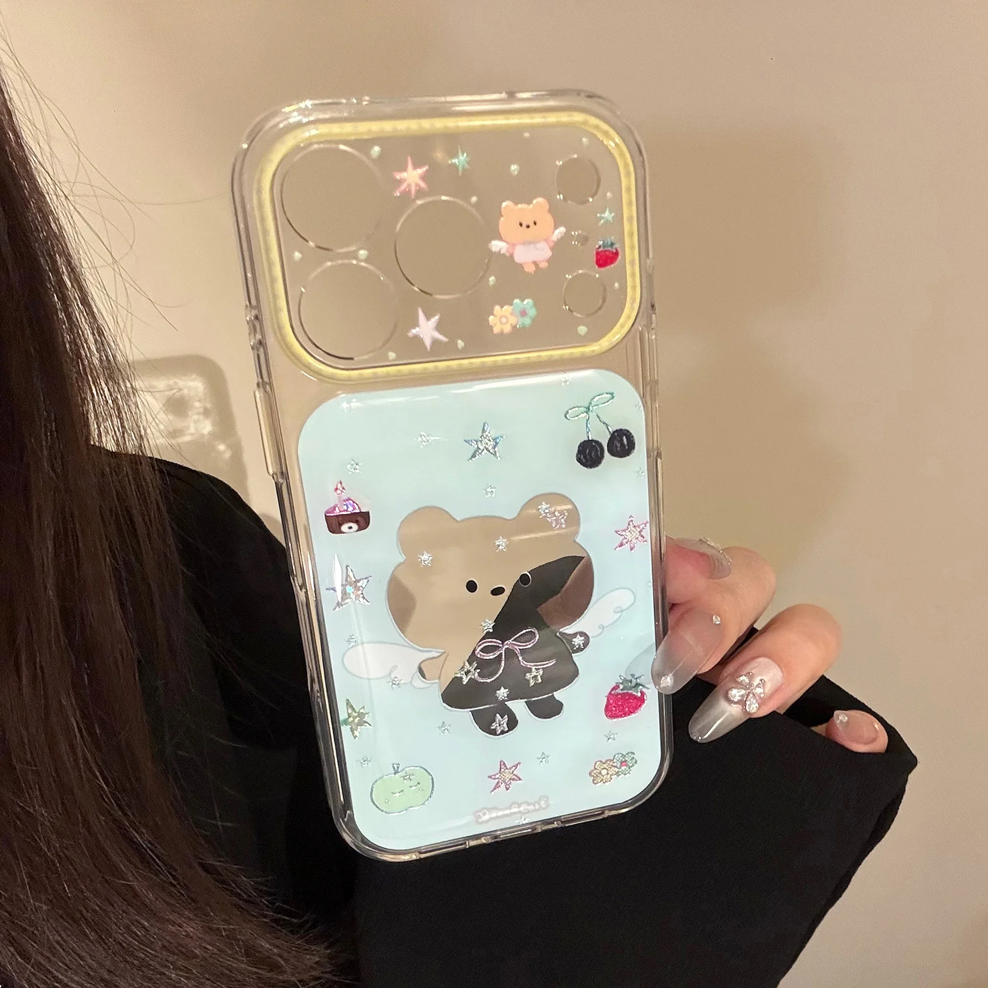 Korean Hollow Out Cartoon Bear Graffiti Pattern Phone Case For iPhone 17 16 15 14 Pro Max Clear Shockproof Protective Soft Cover view 4
