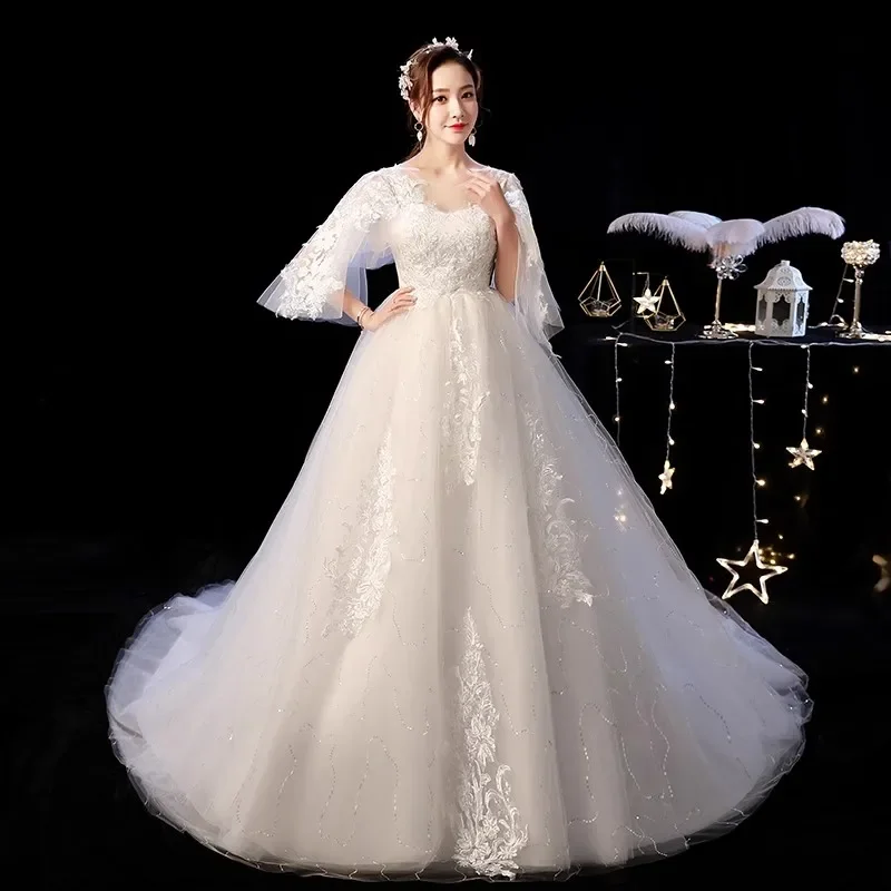 

Cheap White Wedding Dress Emboroidery O-neck Half Sleeves Trailing Princess Pregnant Woman Plus size Bride Ball Gowns XN014