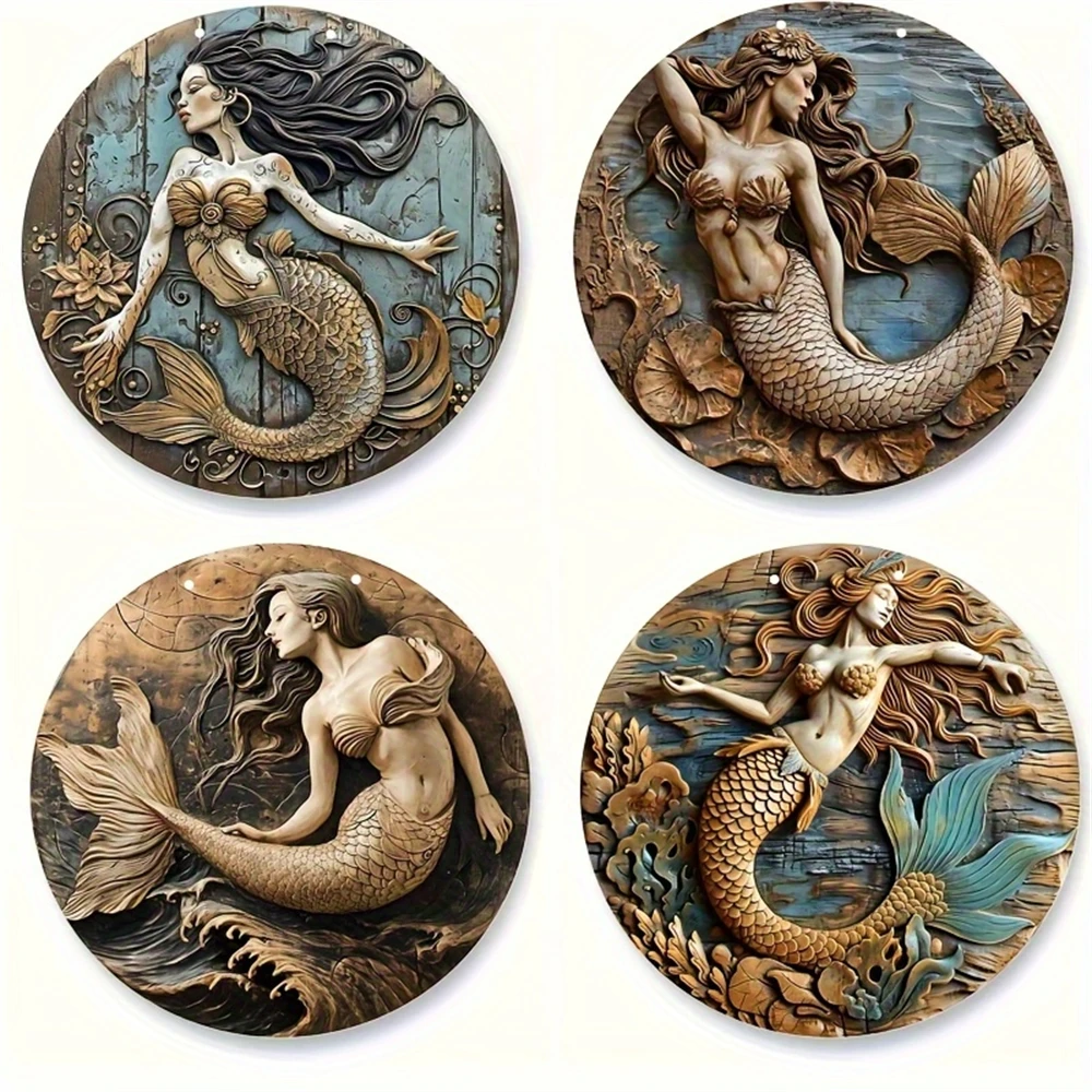 1 Stuk Lente Zomer Zeemeermin Hout Bord Houten Houtsnijwerk Effect Gedrukt Rond Slinger Teken, Slaapzaal Decoratie, Moeder Scène