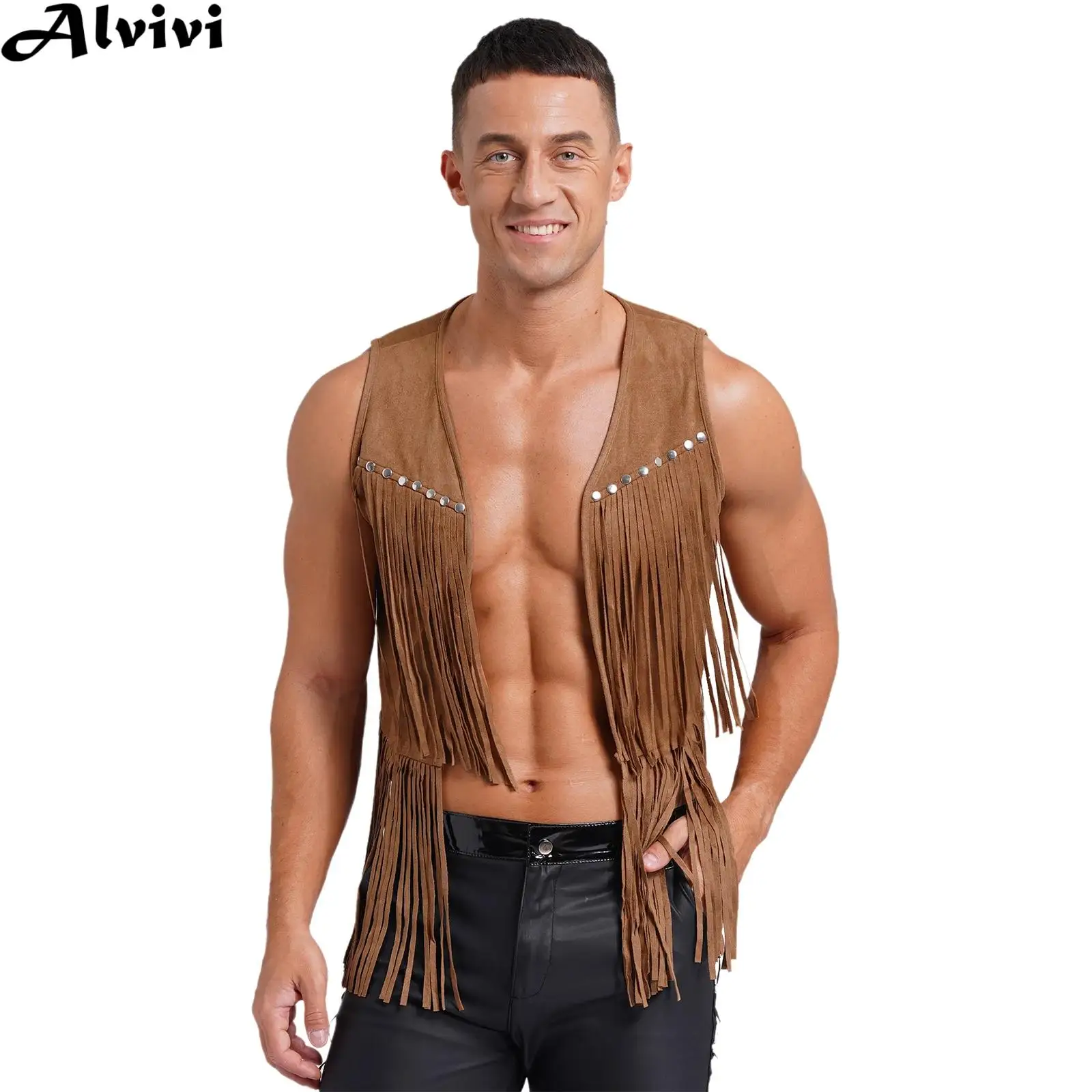 Men Women Retro Steampunk Vest Fashion Rivets Faux Suede Tassel Dance Waistcoat Halloween Party Western Cowboy Cosplay Costume