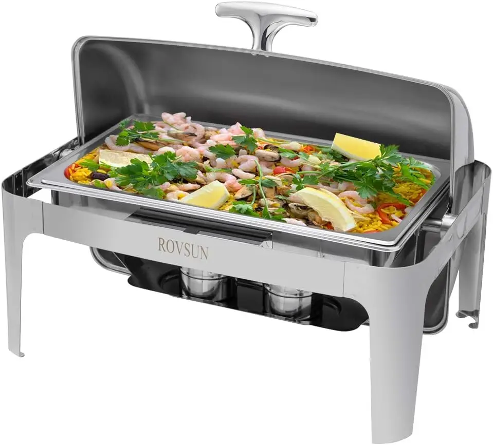 Chafing Dish Buffet Set, 9 Quart Roll Top Stainless Steel Chafer, NSF Rectangular Set with Food Pan, Water Pan and Fuel Holders