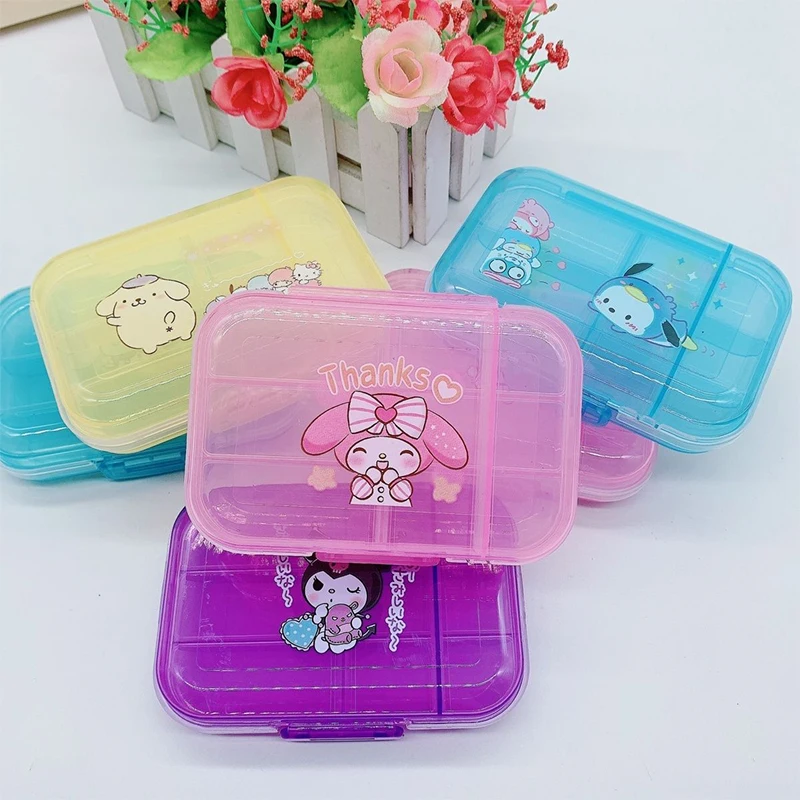 Kawaii Sanrio Mini Box Kuromi Cinnamoroll Hello Kitty Pill Box Portable Storage Box Cute Cartoon Anime Eight Grid Plastic Box