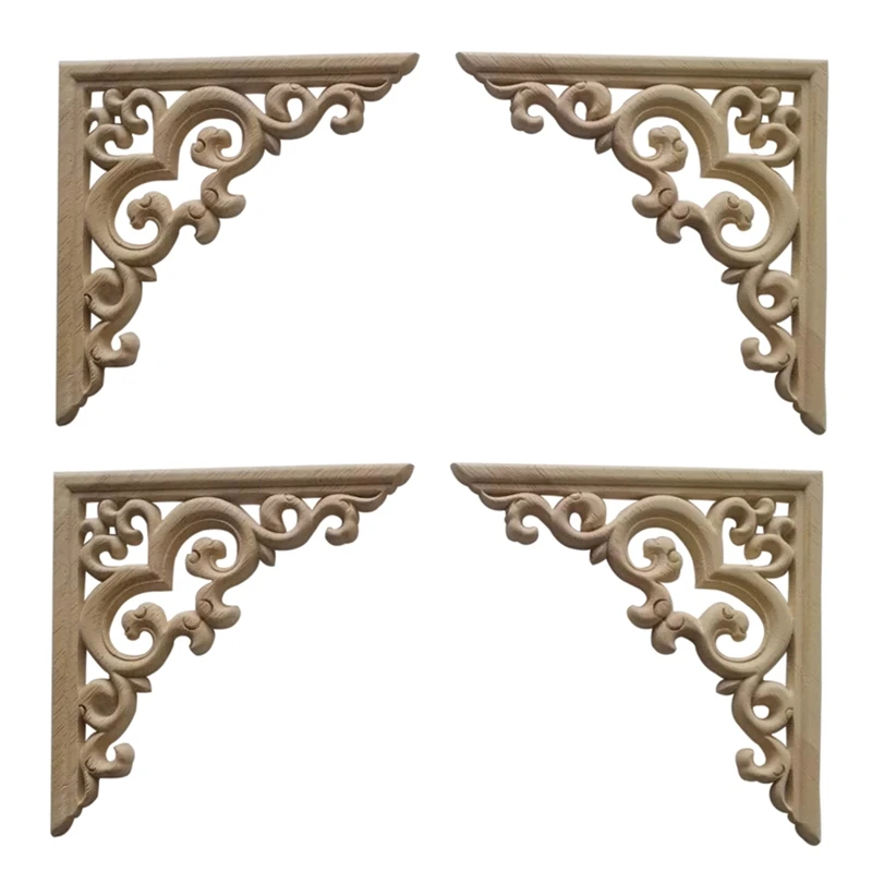 

4PCS Unpainted Wooden Mouldings Decal European Wood Appliques For Furniture Cabinet Flower Wood Carving Decorative