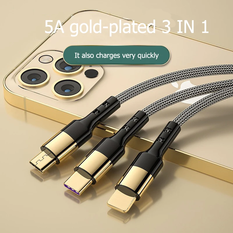 

66W 5A 3 in 1 Fast Charging Type C Cable Micro USB for iPhone Charging Cable For Samsung Huawei Xiaomi Phone Charger USB Cable