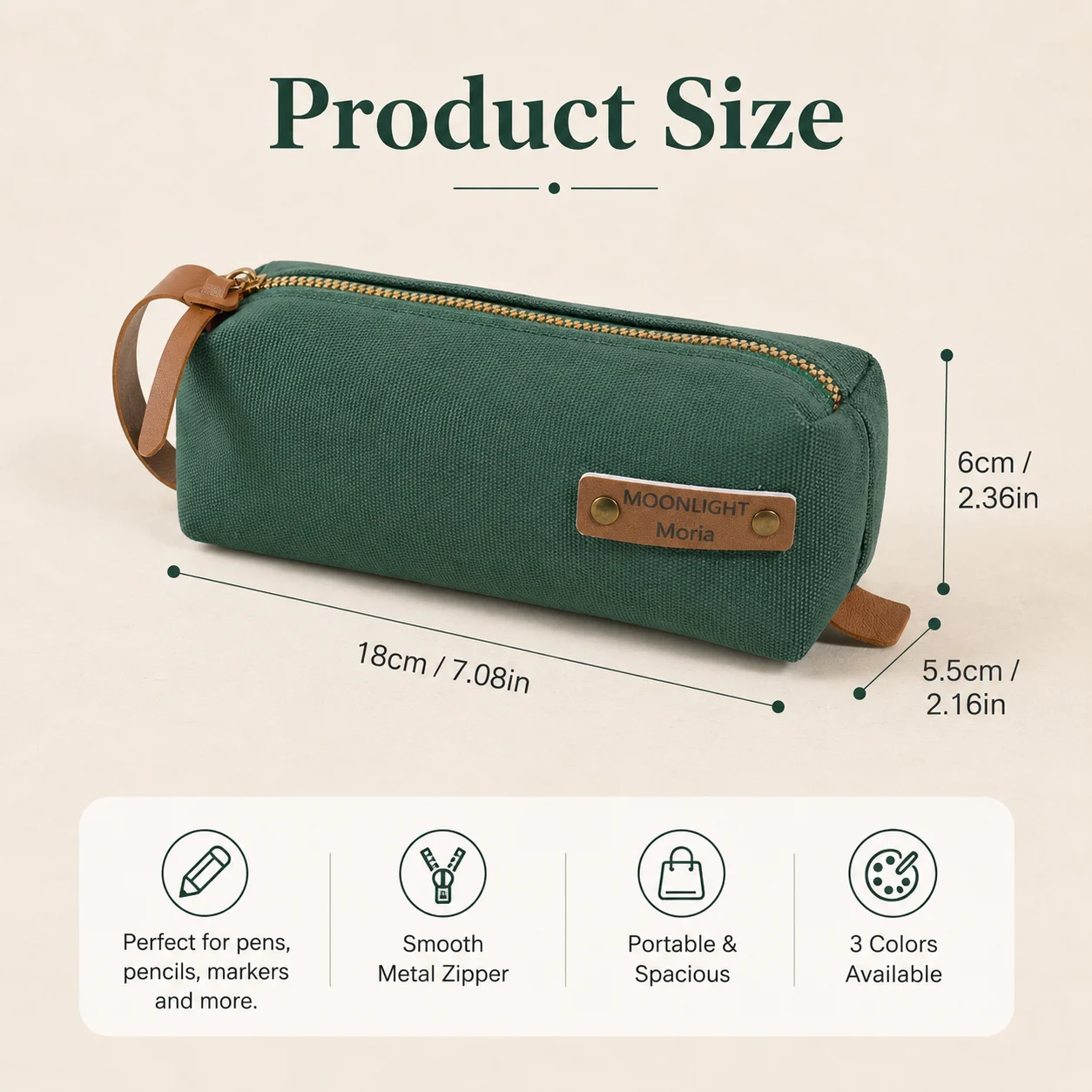 Durable Canvas Minimalist Leather Wrist Strap Metal Zipper Pencil Case For Students School Office Travel Stationery Storage