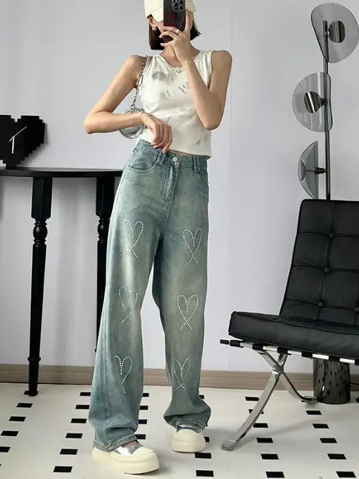 Jeans a gamba dritta a vita alta da donna Primavera Estate New Sle Loose Fit dimagranti con diamanti impreziositi pantaloni a gamba larga alla moda