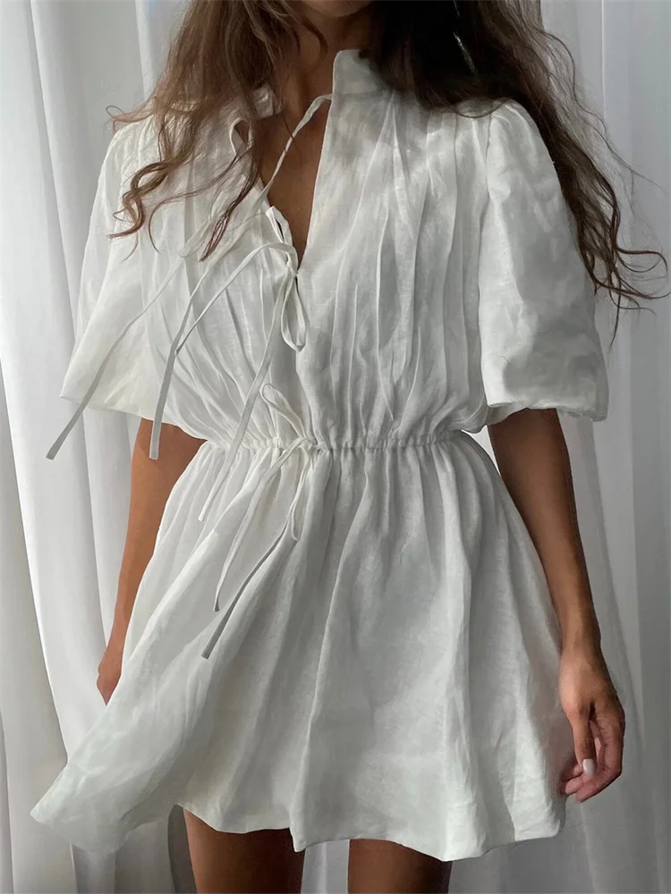 

Tossy White Casual Lace-Up Mini Dress For Women Short Sleeve V-Neck High Waist Commute Summer Dress Female Bodycon Dress 2026