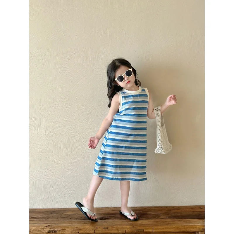 

Girls' Dress2024Summer New Children HAILANG Blue Striped Vest Dress Children's Long Dress Western Style