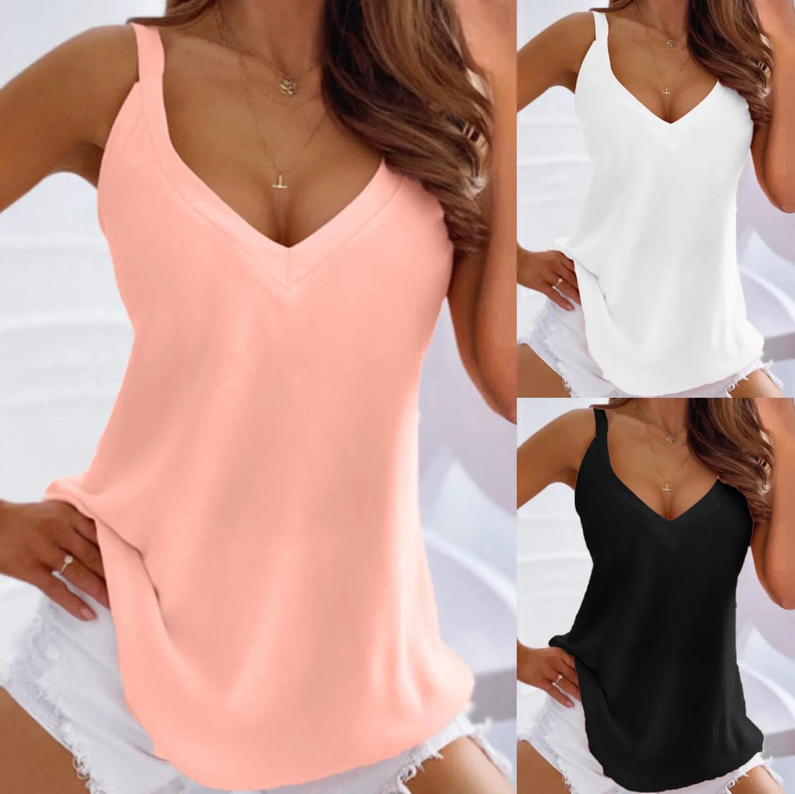 

Women Sleeveless Spaghetti Vest Quality Sequin Camis V-neck Sports Tank Tops Casual Solid Color Basic Camisole Tees Female Blusa