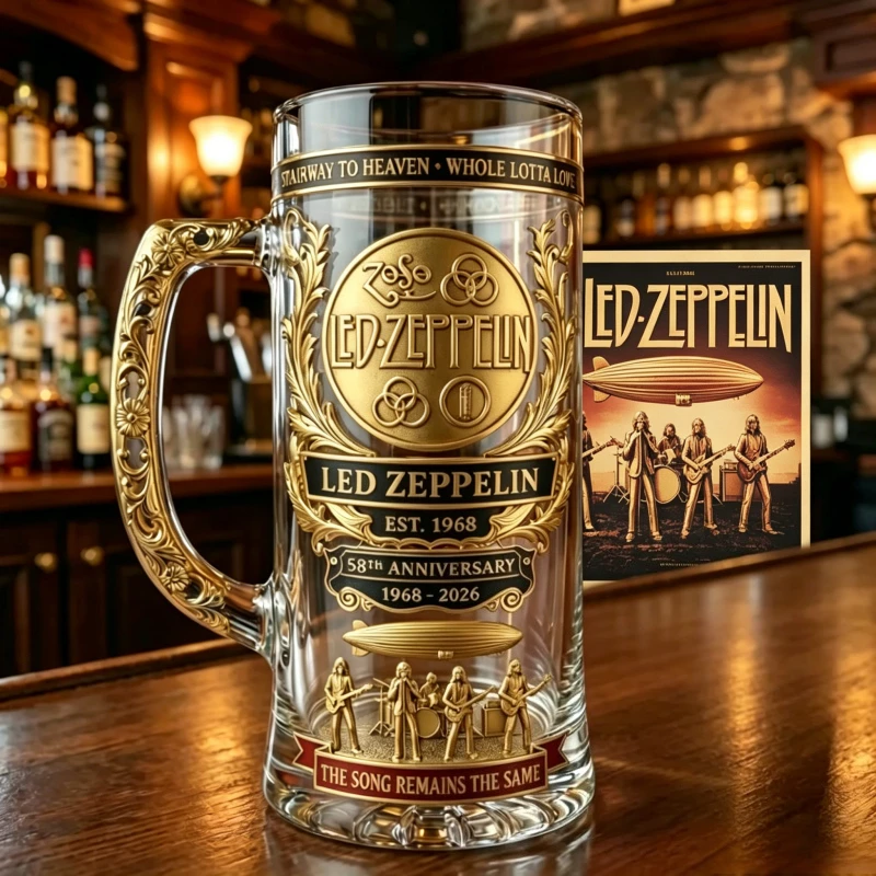Caneca de Cerveja em Relevo 3D Led Zeppelin 1968-2026 58º Aniversário - Caneca Colecionável Retrô de Banda de Rock com Alça