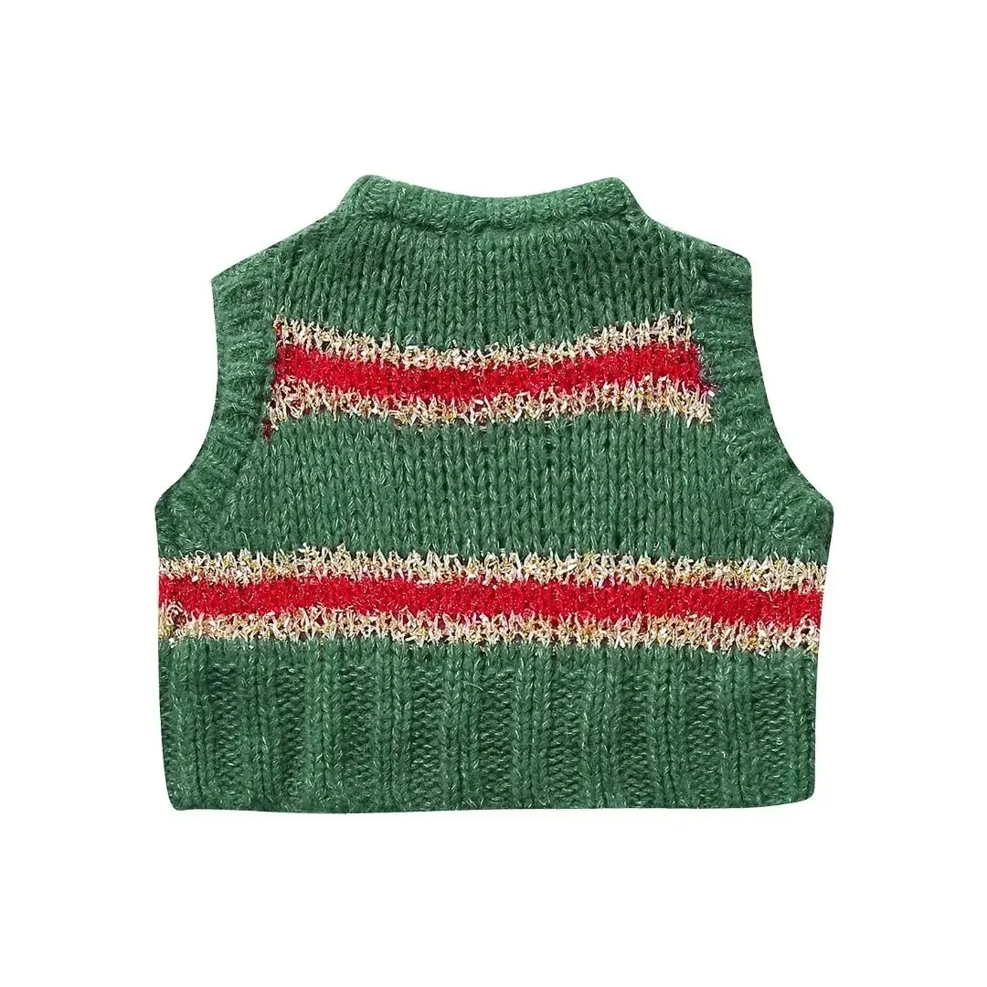 Women Fashion Sleeveless Striped Print Crochet Knitting Vest Sweater Female Chic Metallic Waistcoat Pullovers Tops SW5858