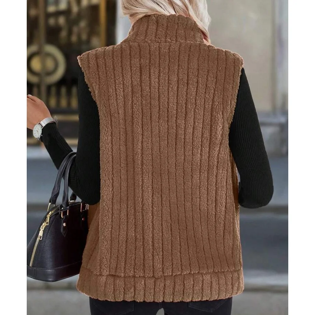 Womens Vertical Stripe Fleece Vest Polyester Material Sleeveless Collar Zip for front for Warm Weather Outdoor Use