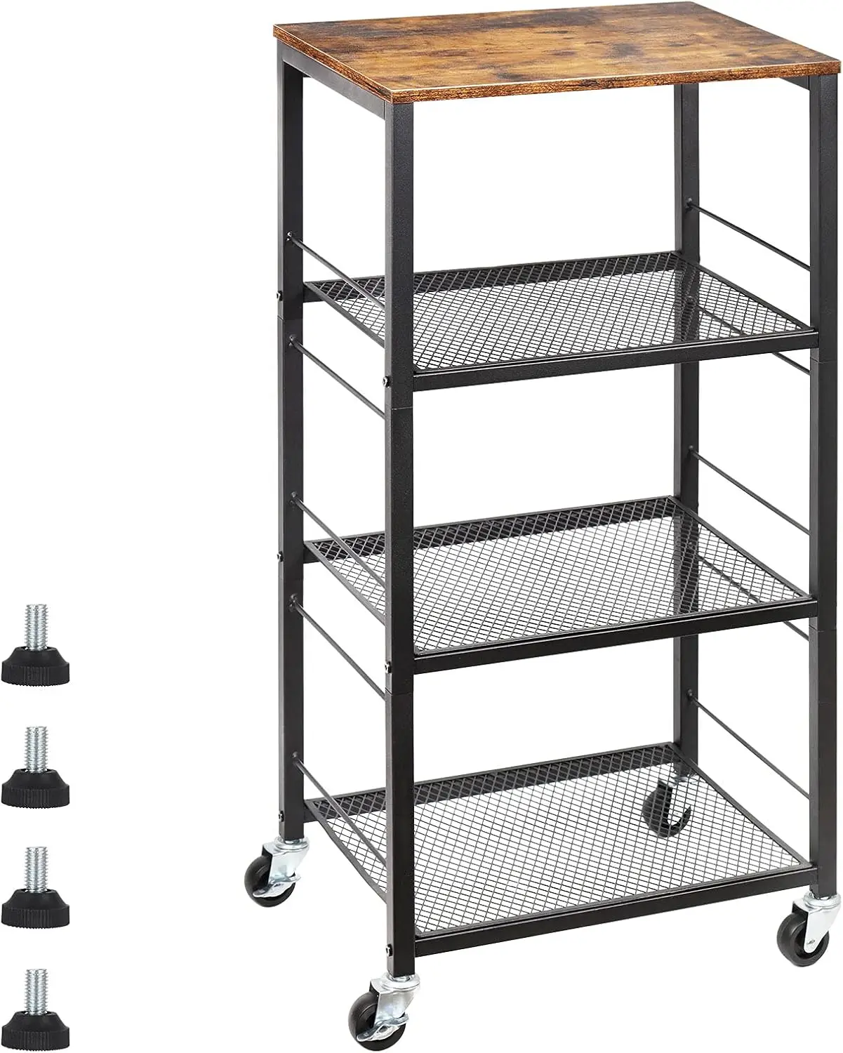 chen Baker'S Rack Microwave Cart 4-Tier Island Serving Bar Cart On Wheel Industrial Wood End Side Table Storage Trolley Rack