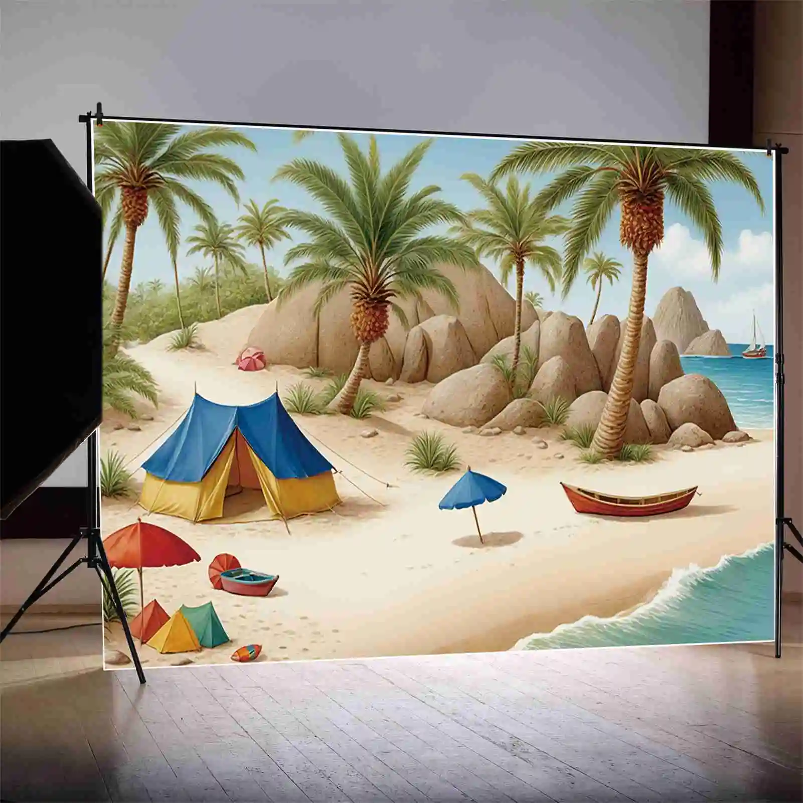 MOON.QG Beach Holiday Birthday fondali Boy Tent Palm Tree Sand Travel Background decorazione personalizzata per feste Photozone puntelli