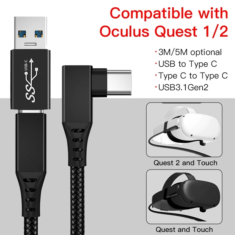 สายชาร์จสำหรับ Oculus Quest 2 Link USB 3.1 Type C USB-A ถ่ายโอนข้อมูลไปยัง Type C สายชาร์จ3A 20V, B