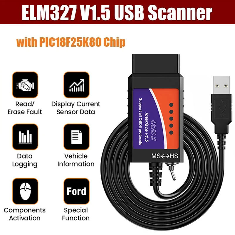 2pcs ELM327 OBD2 USB Adapter for Windows Scanner with MS CAN/HS CAN Switch for Scan F150 F250 Car and Light Truck Check Engine Light, Diagnosis on Windows with V1.5 Chip