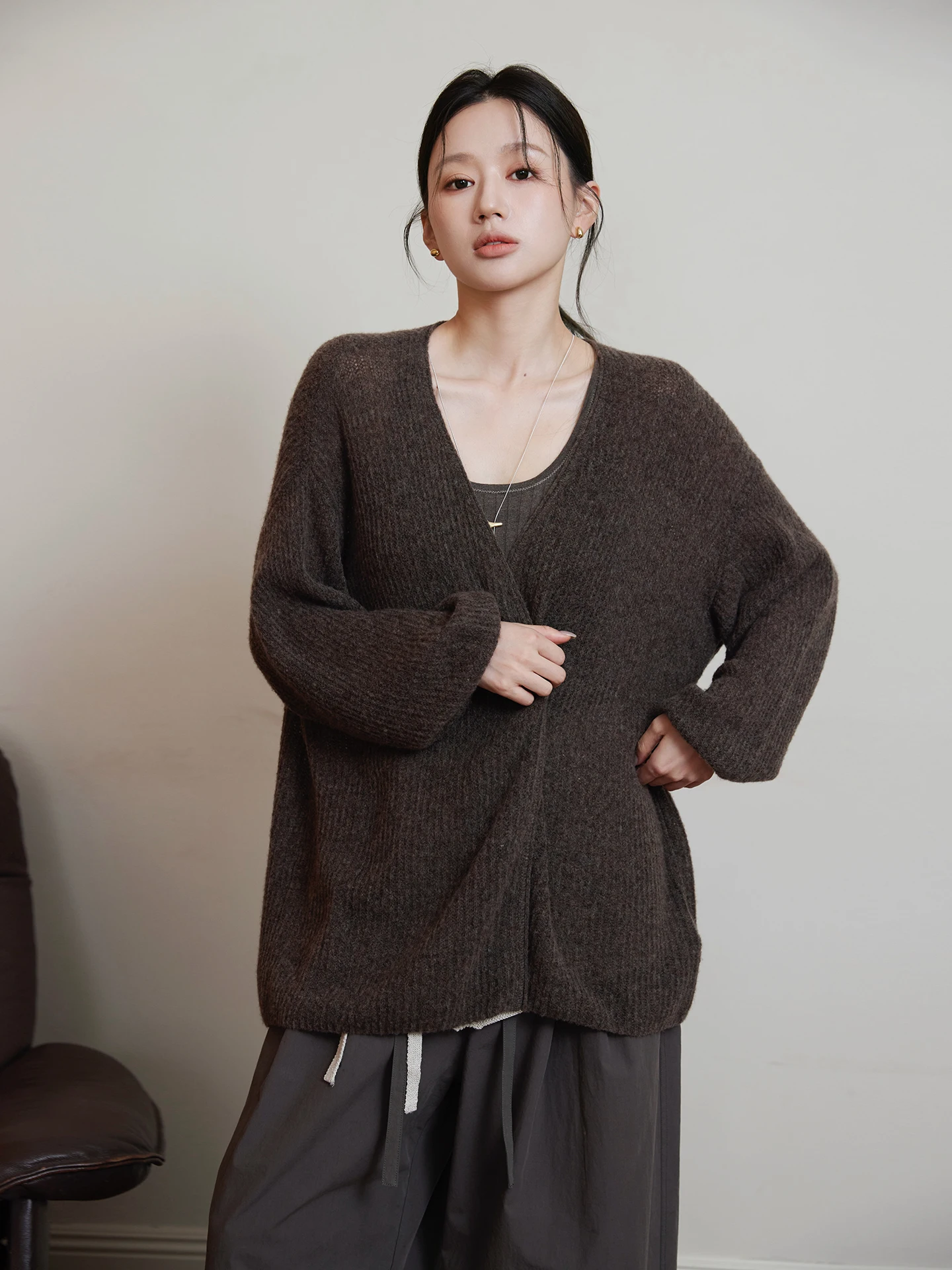 

Recommended! Practical Knitted Open Cardigan Ultra Fine Merino Wool Lyocell Loose Hollow out Outerwear Soft V-Ne Long Sve