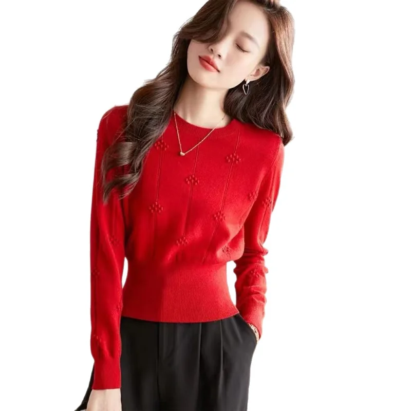 Womens ronde hals trui wollen trui herfst winter nieuwe stijl casual hoge taille stijlvolle innerlijke slijtage gebreide basislaag top