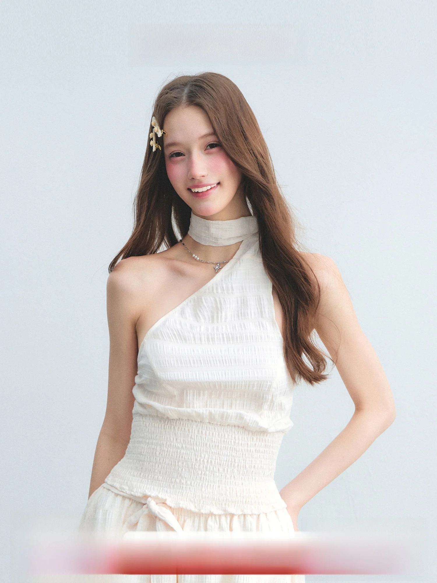 Guukahero Korean Style Asymmetric Shoulder Hanging Neck Strap Women's Top Textured Folded Waist Control Short Length Summer