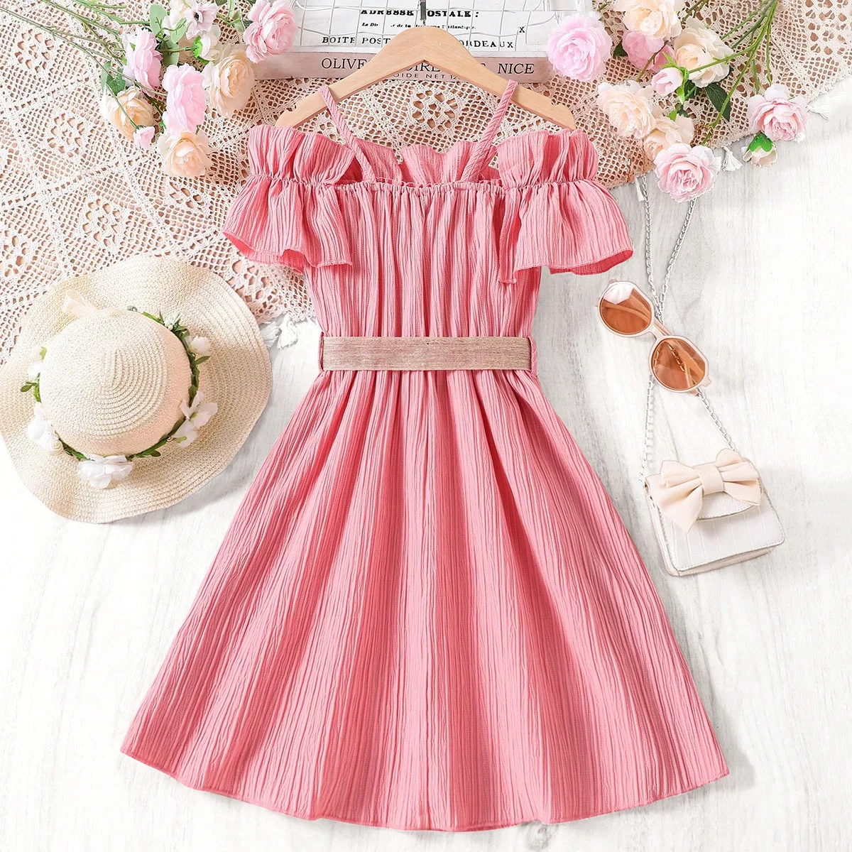 2026 summer Girls Lace mesh braces Dress off shoulder teenager bumpy Princess slip tube TEE dresses Kids Clothes 8 9 10 12 years