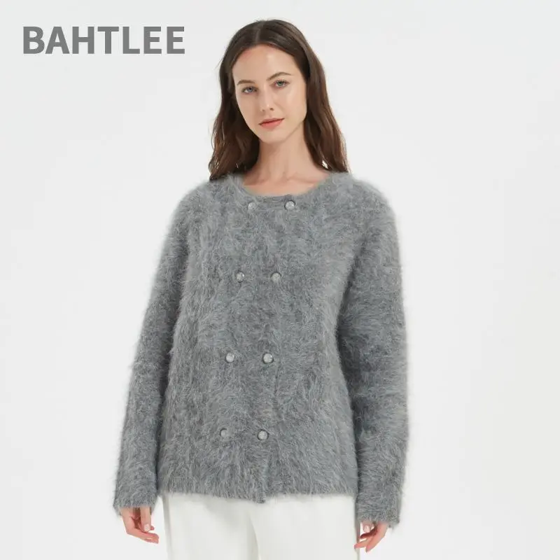 BAHTLEE-Women's Angora Knitted Cardigans, Double-Breasted Sweater, Wool Coat, Long Sleeves, O-Neck, Winter