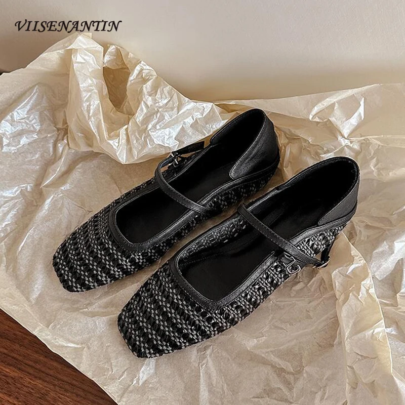 

2024 Spring Summer New French Style Mary Jane Shoes Weaving Hollow Out Design Sandals Square Toe Buckle Strap Flats Shoes Women