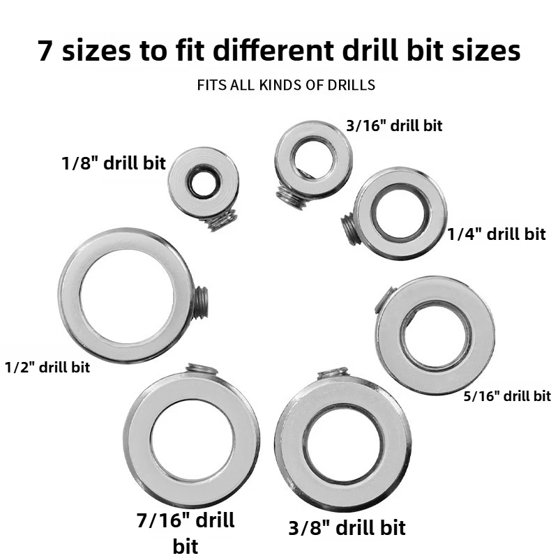 Veekaft 7 Pcs Imperial Drill Limit Ring Twist Drill Positioner Woodworking Punching Depth Adjustment Limit Fixing Tool